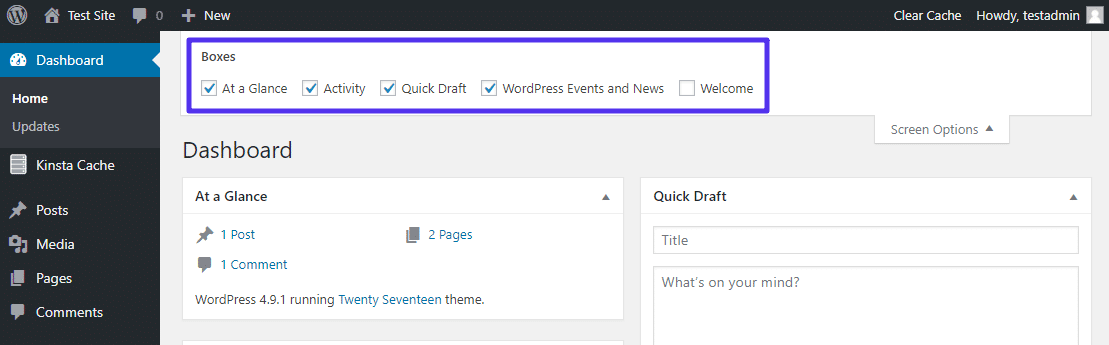 WordPress Admin-Kontrollkästchen