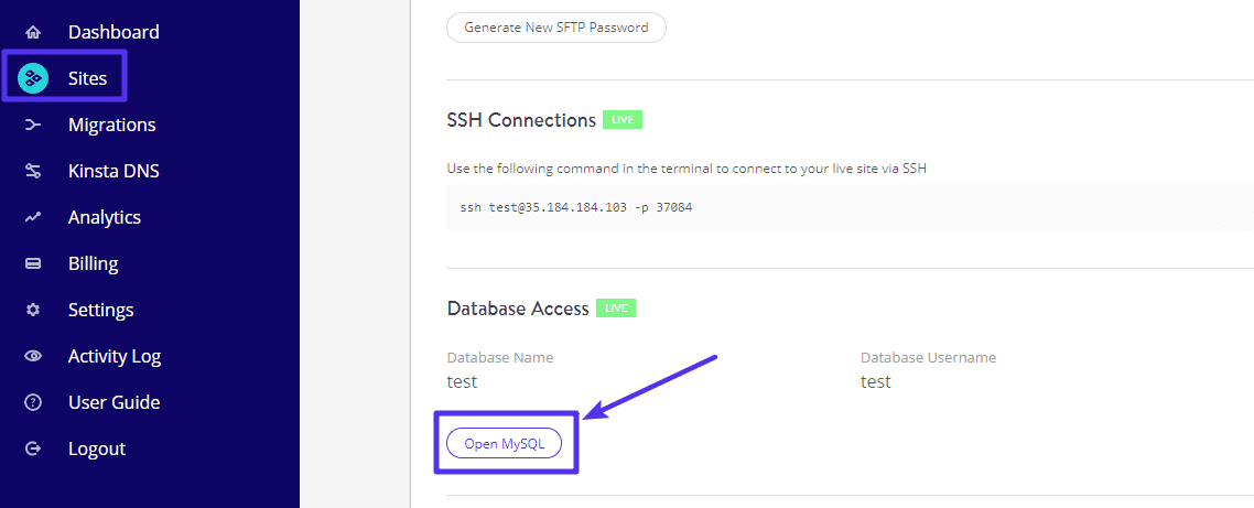 Wie du bei Kinsta phpMyAdmin aufrufst