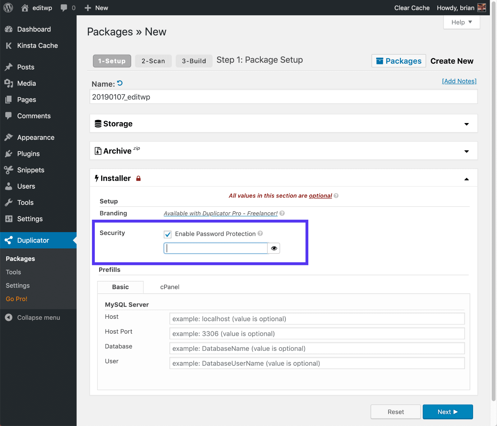 Kennwort des WordPress Duplicator-Installationsprogramms