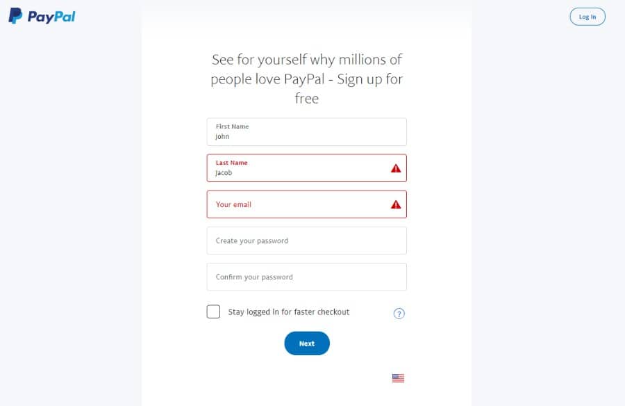 PayPal-Anmeldeformular