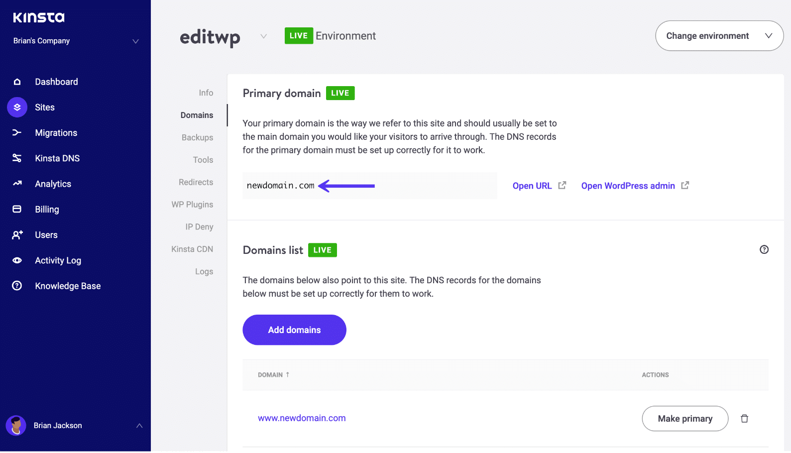 Kinsta Hauptdomain