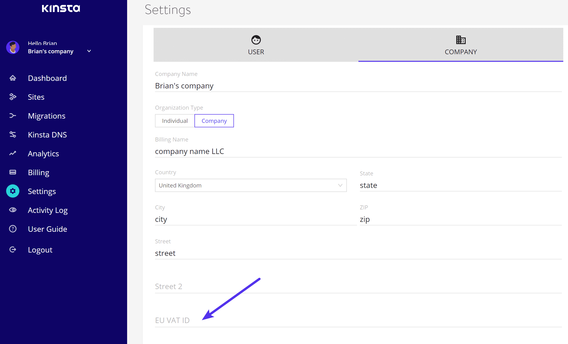 MyKinsta EU VAT ID