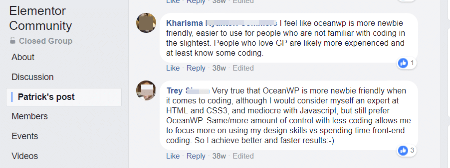 Zwei Kommentare in der Elementor Facebook Community Gruppe
