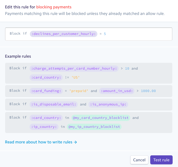 Stripe Radar declines per hour Regel