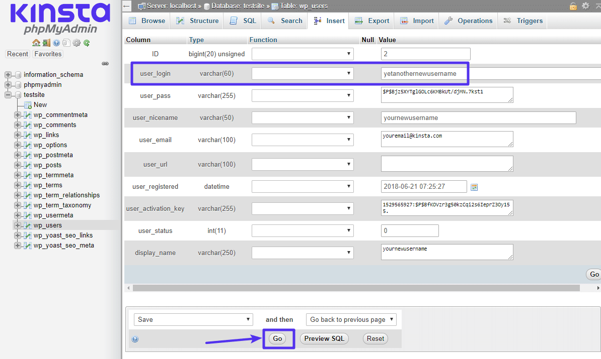 Ändere das Feld user_login in deinem neuen Usernamen