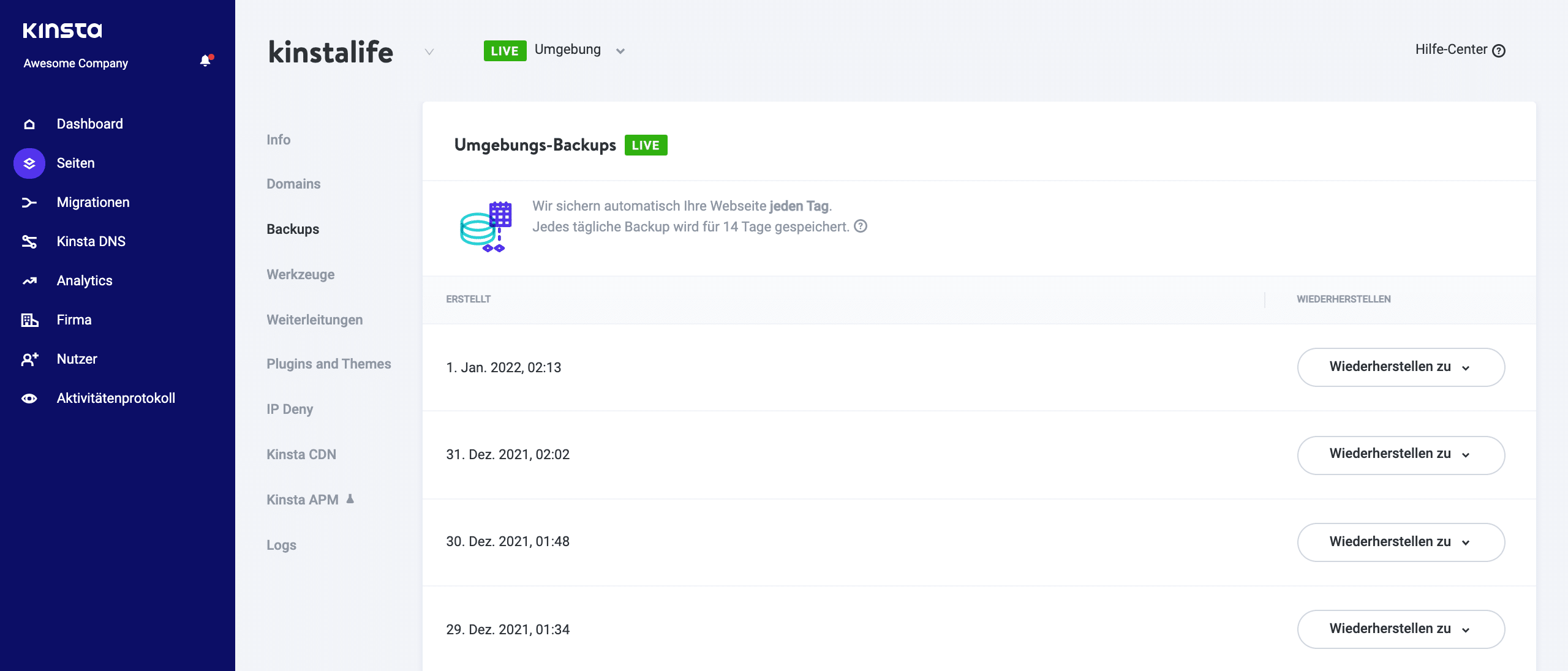 Backups in MyKinsta.