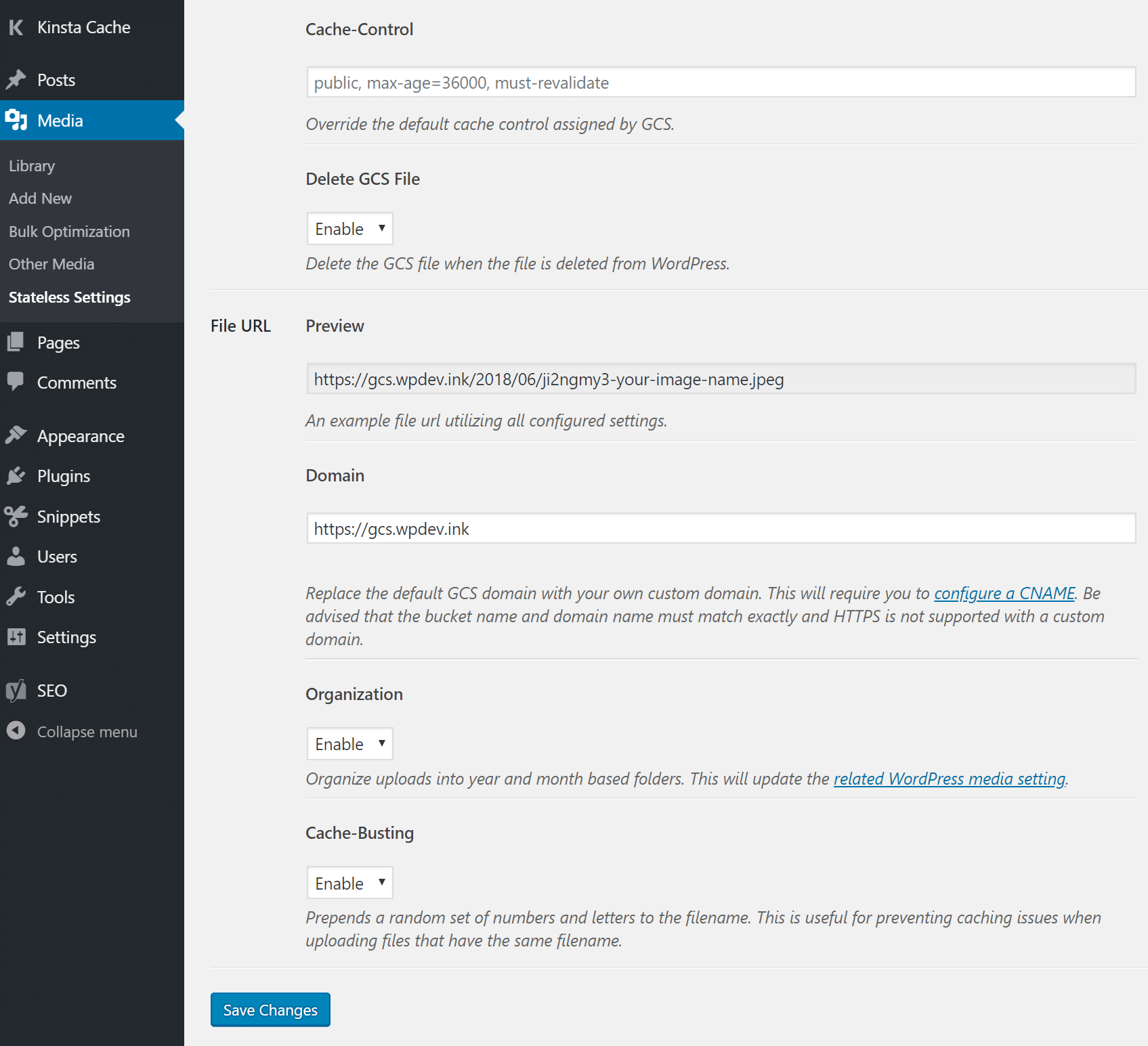 WP-Stateless zusätzliche Einstellungen