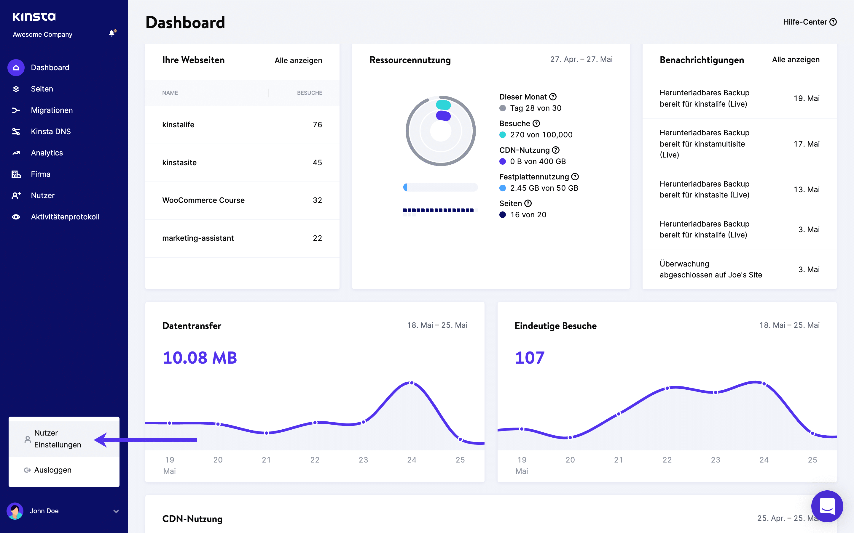 MyKinsta-Benutzereinstellungen.