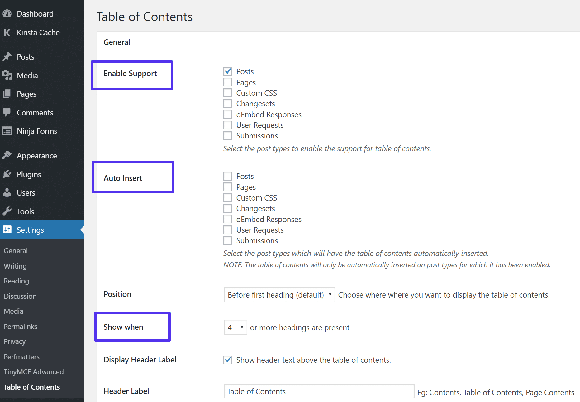 Easy Table of Contents Einstellungen