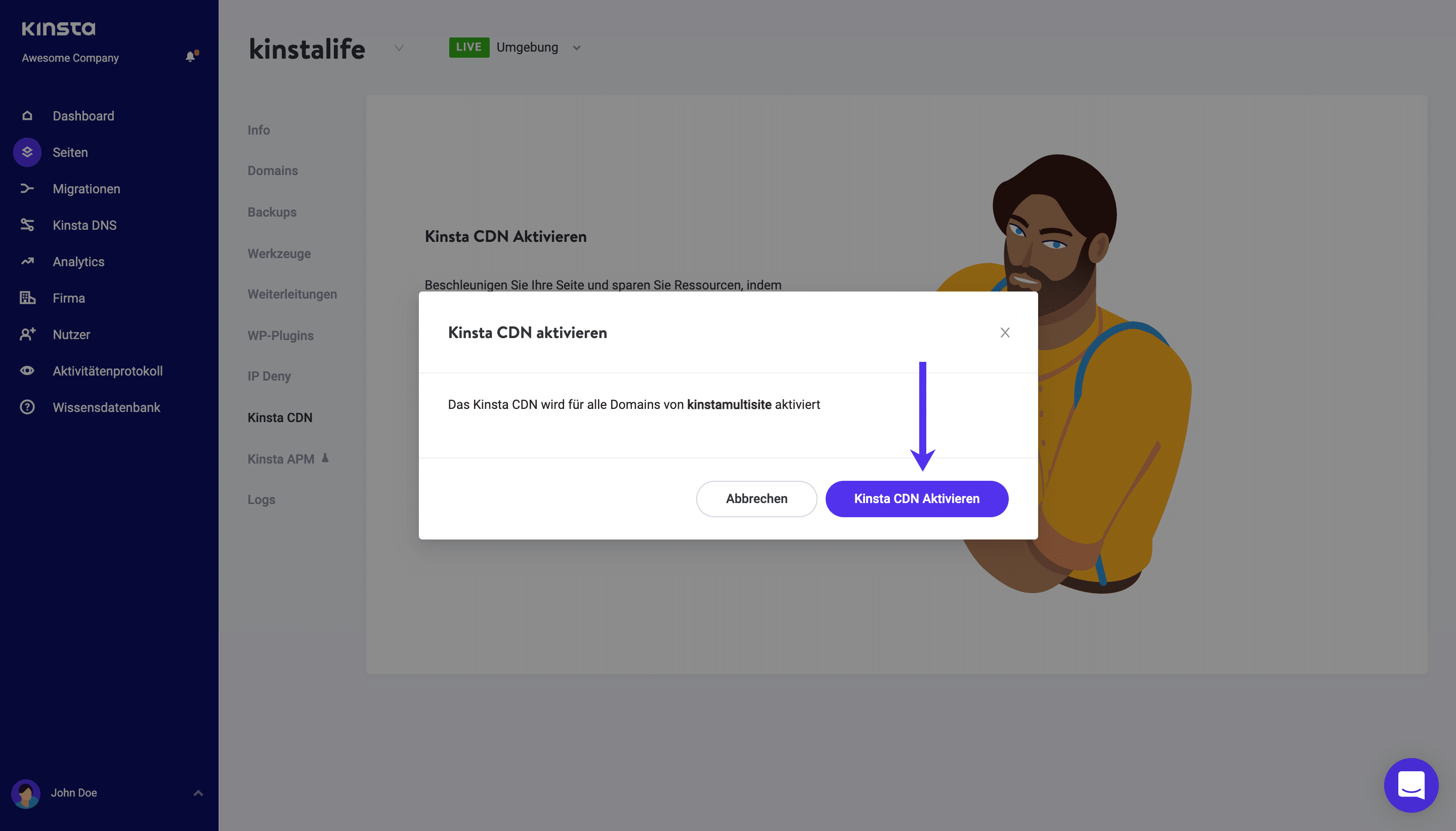Bestätige den Einsatz des Kinsta CDN.