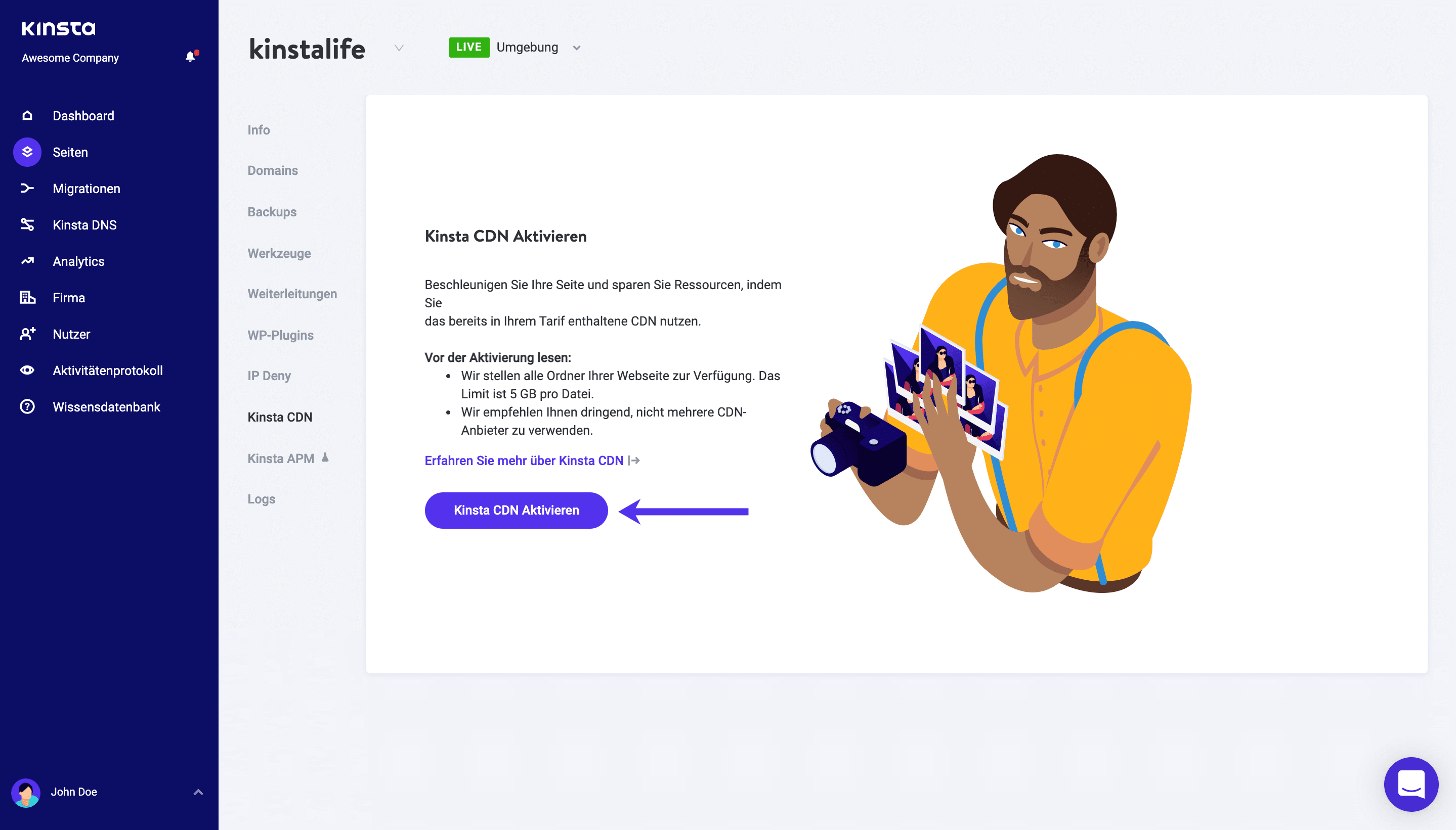 Aktiviere das Kinsta CDN in MyKinsta.