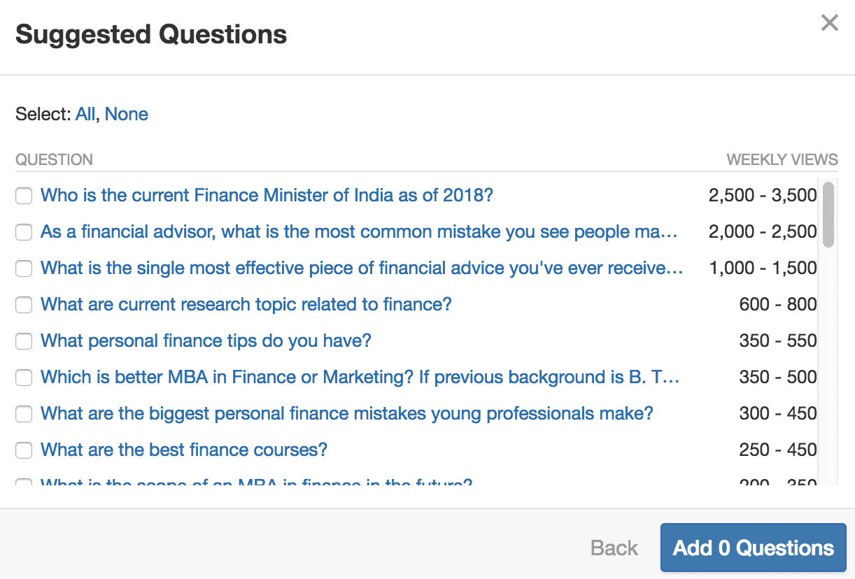 Quora - Vorschläge für Fragen