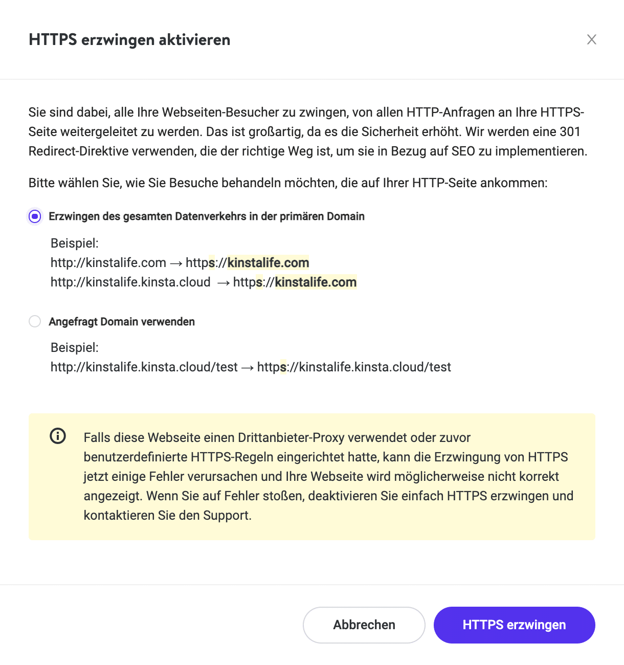 HTTPS-Erzwingen Option.