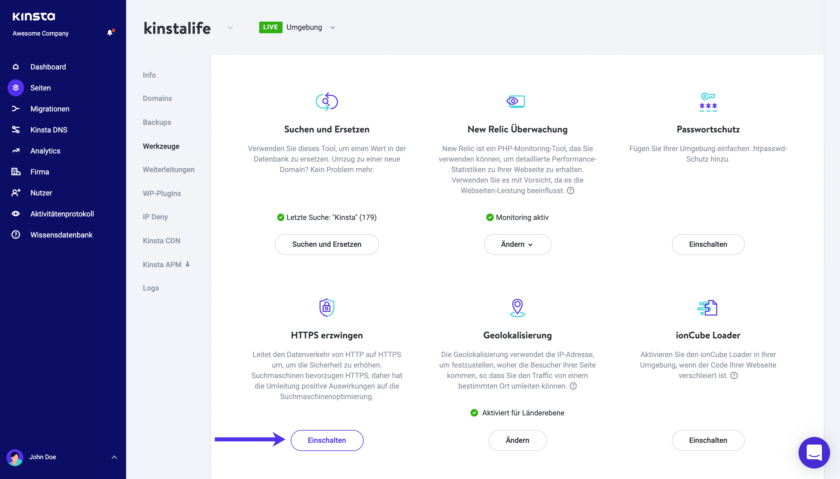 Erzwinge HTTPS in MyKinsta.