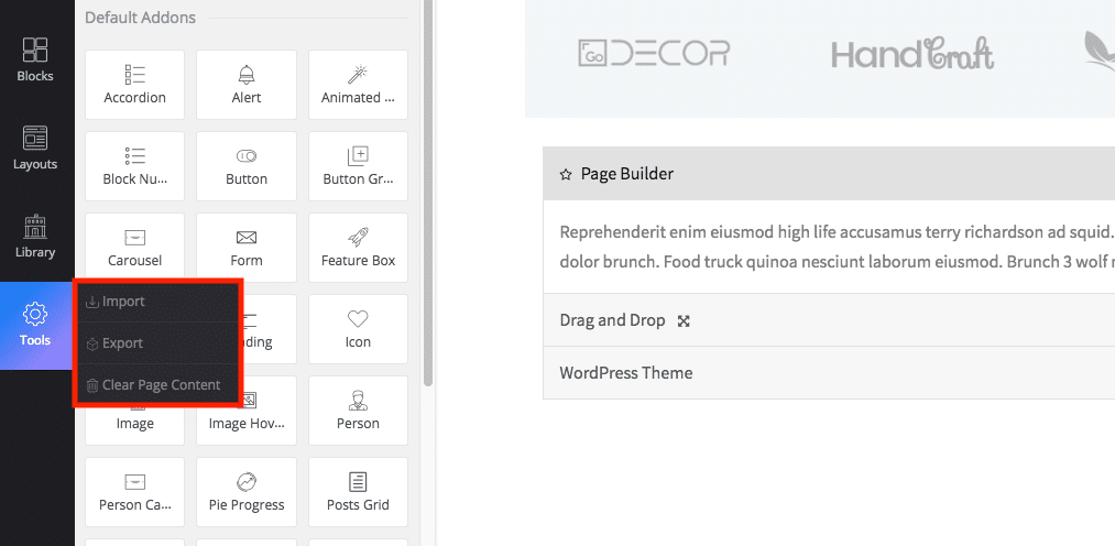 WP Page Builder Import und Export