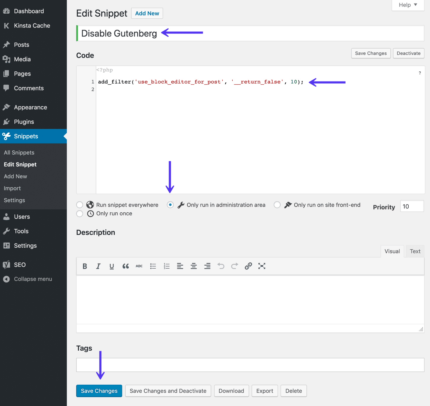 Hinzufügen von deaktivierten Gutenberg-Code-Ausschnitten