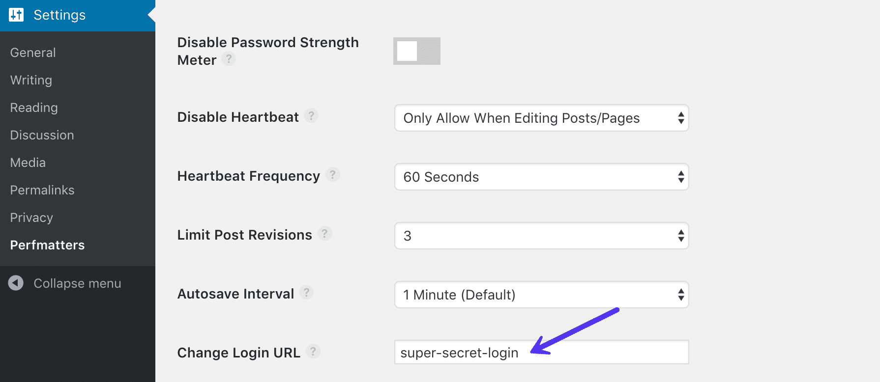 Ändern der WordPress Login URL in Perfmatters 