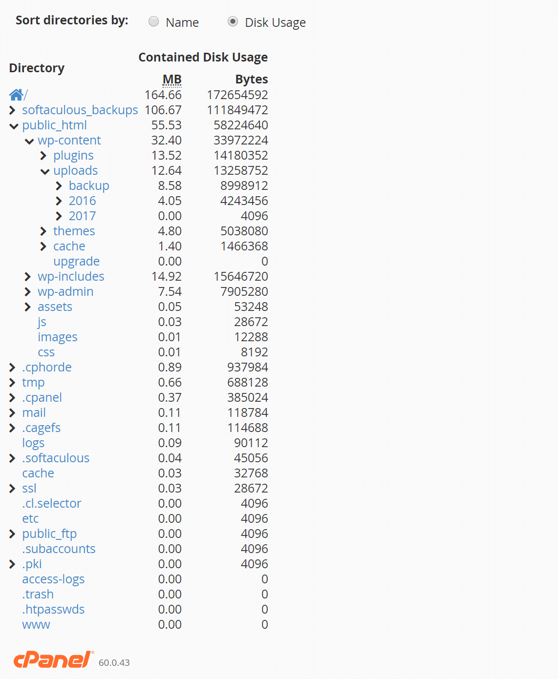 cPanel Aufschlüsselung der Festplattennutzung