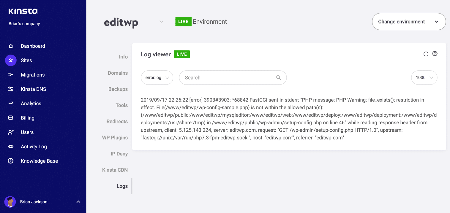 Fehlerprotokoll in MyKinsta
