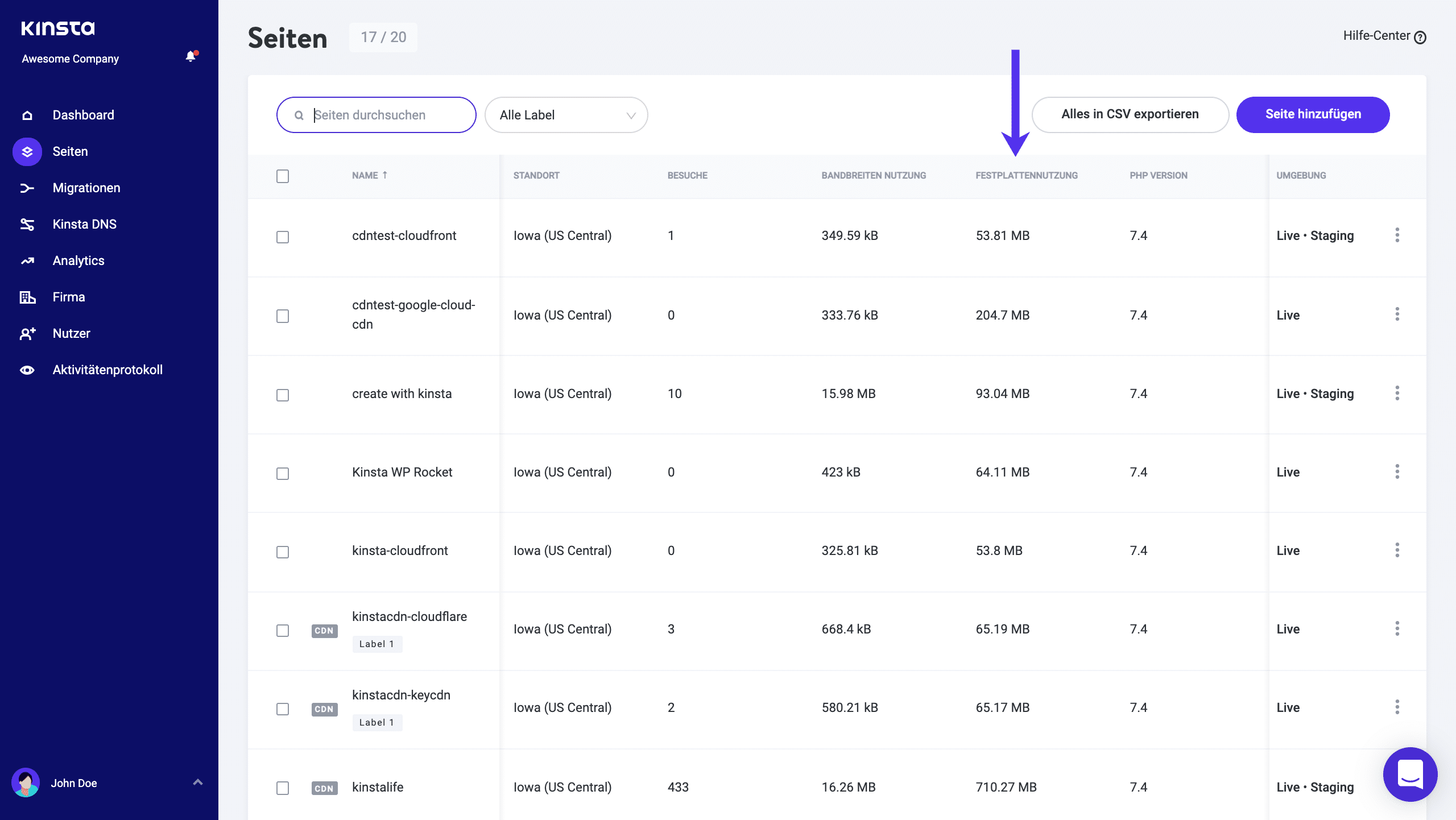 Finde deine Festplattennutzung in MyKinsta.