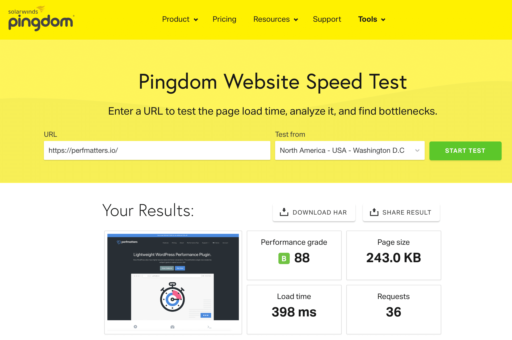 Geschwindigkeitstest der Webseite auf Pingdom