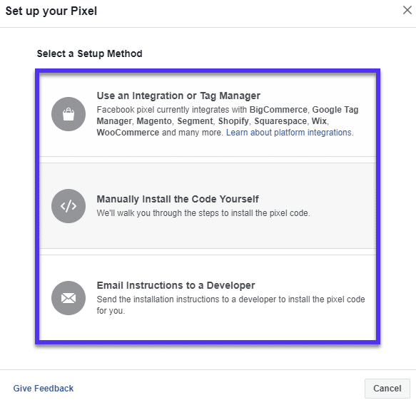 Facebook Pixel Integration Optionen