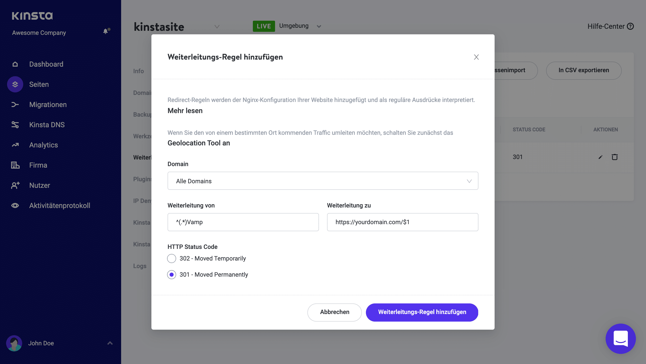 Google AMP Umleitung im MyKinsta Dashboard