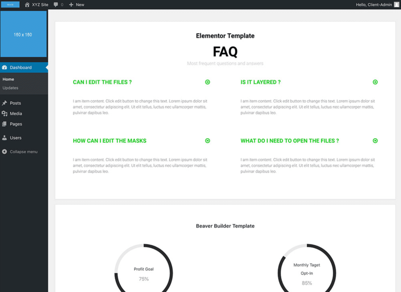 Beispiel für ein benutzerdefiniertes Dashboard, das mit White Label CMS erstellt wurde.