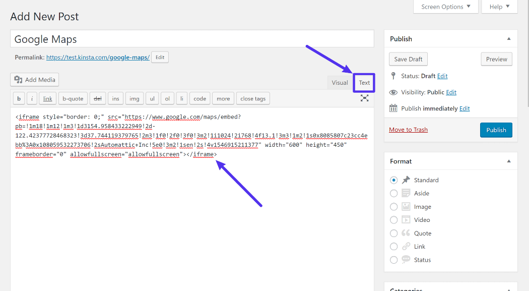 Wie man den Embed Code in WordPress mit dem klassischen Editor hinzufügt