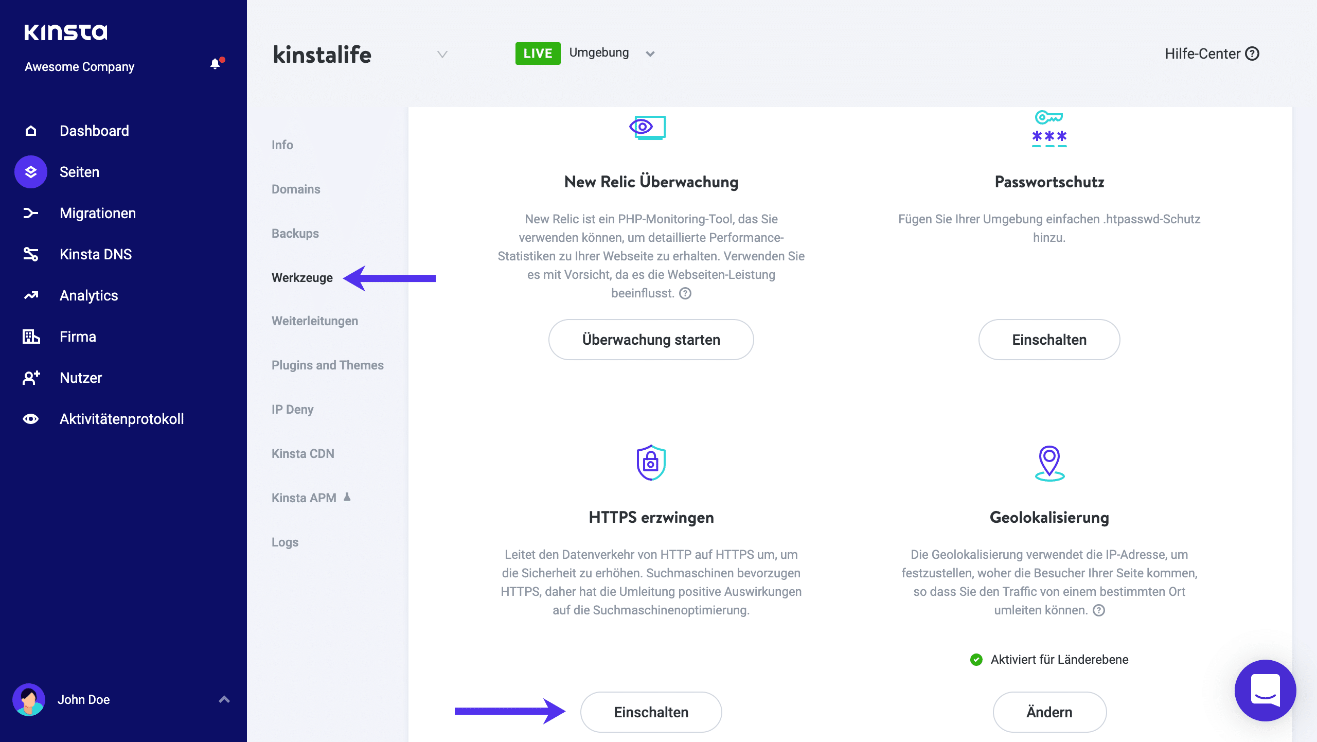 HTTPS erzwingen im MyKinsta Dashboard