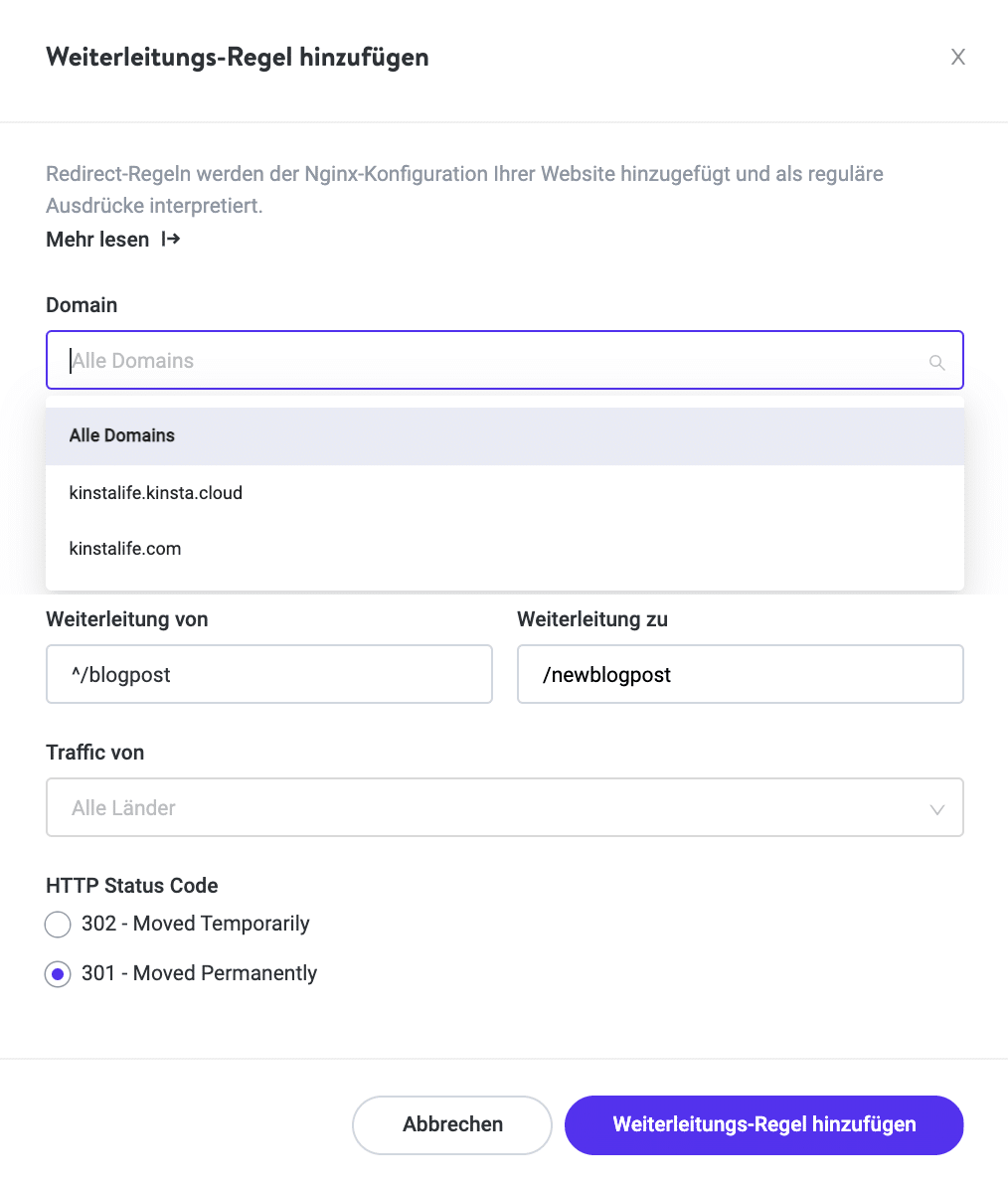 301 Weiterleitung hinzufügen