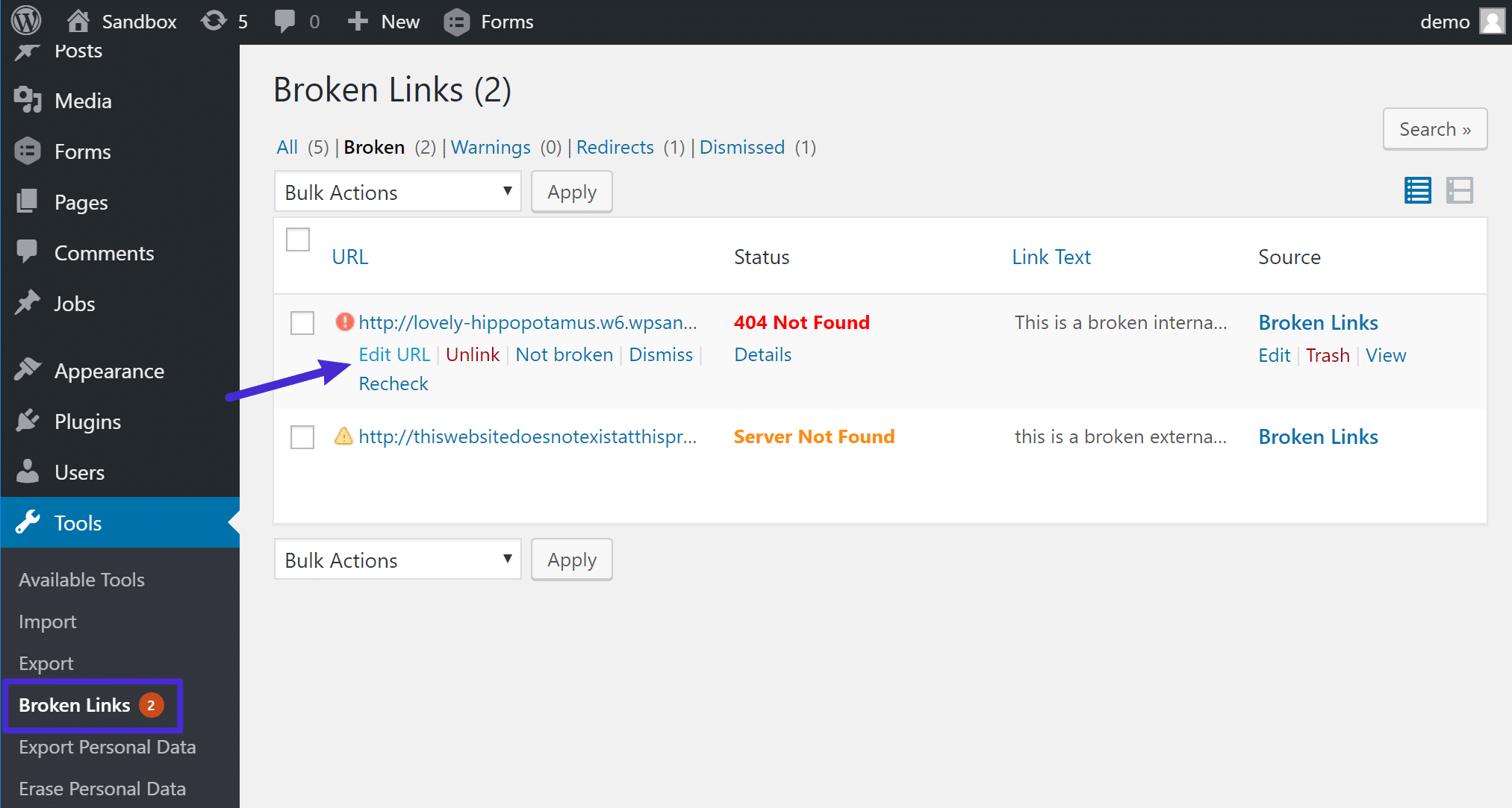 Das Broken Link Checker Plugin Interface