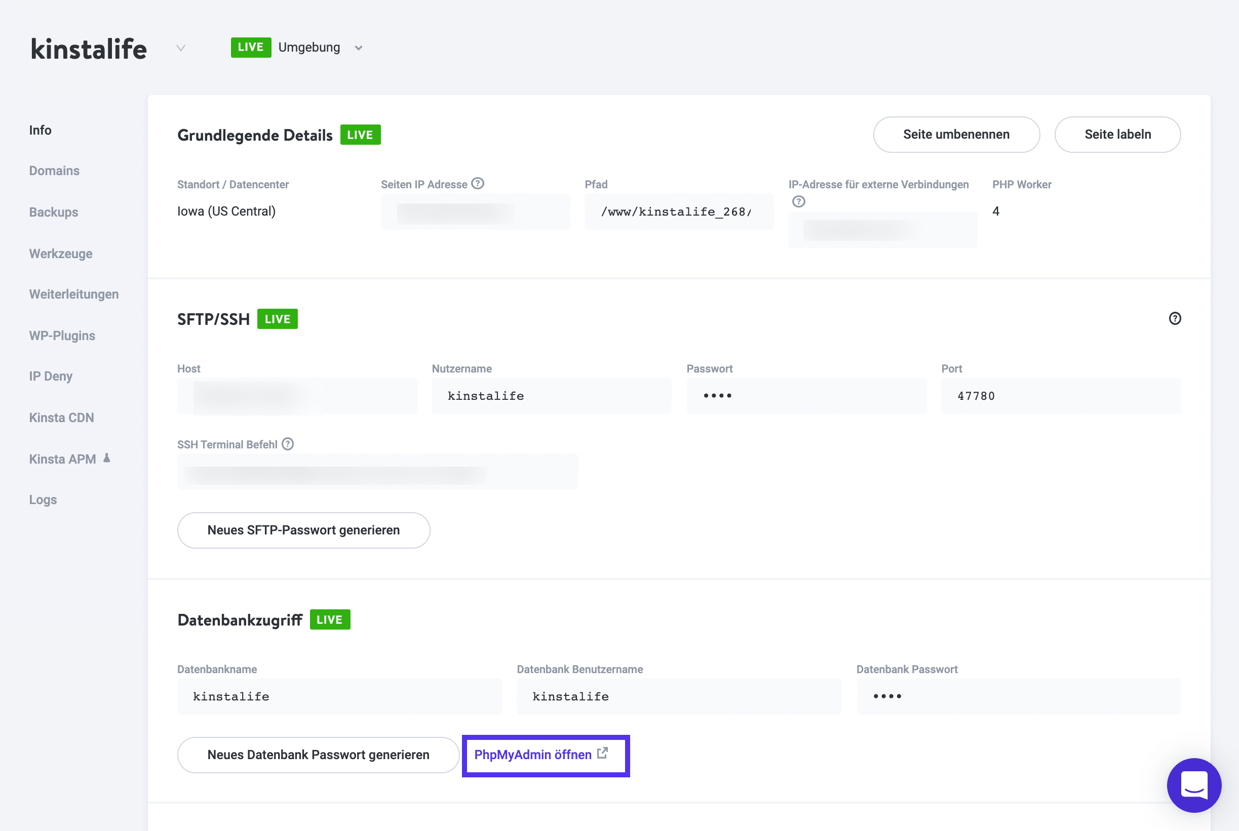 Zugriff auf phpMyAdmin in MyKinsta