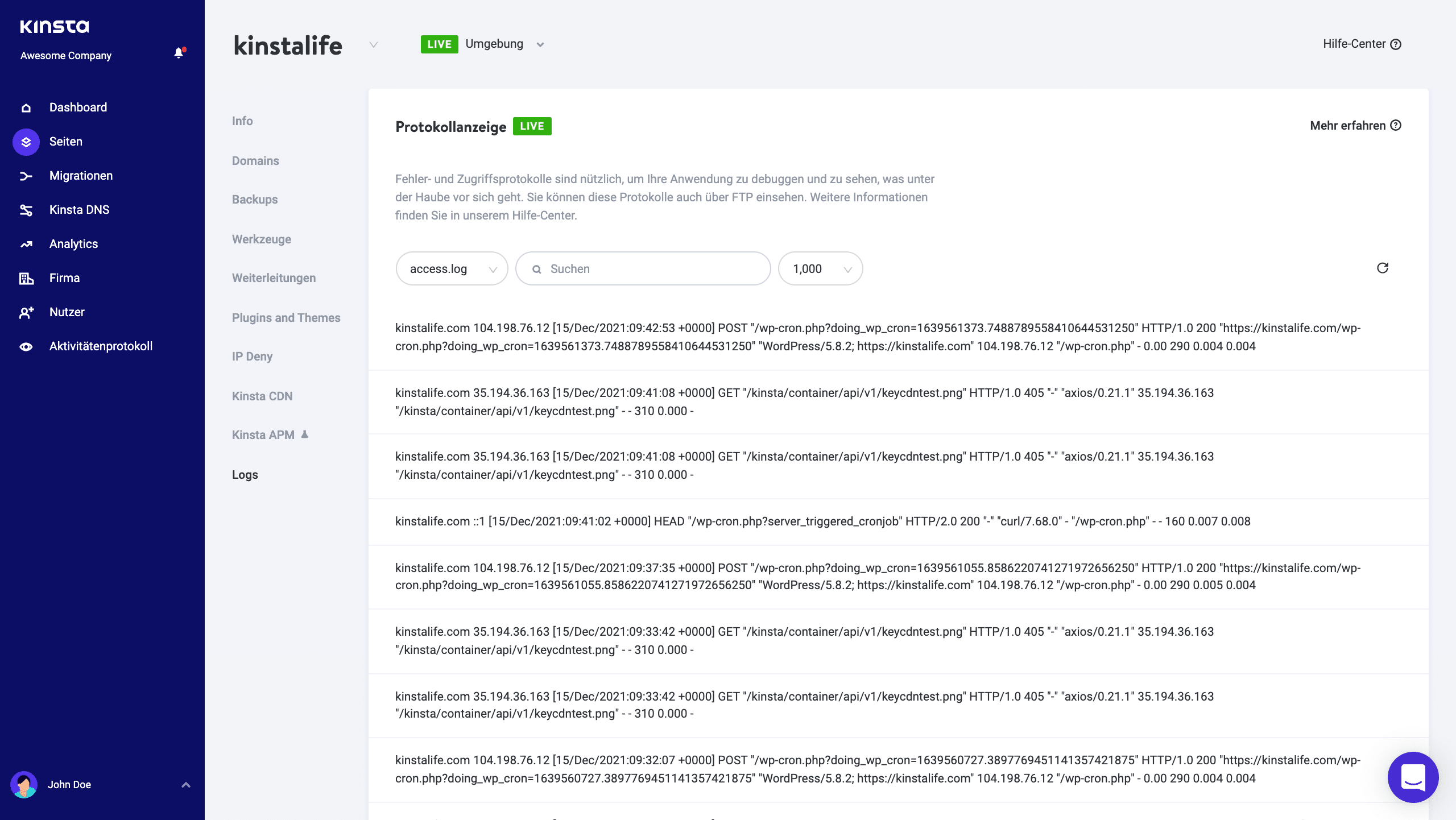 WordPress Protokolle in MyKinsta.