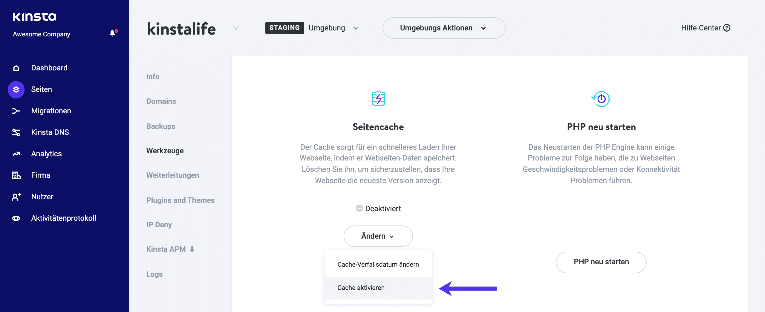 Seiten-Caching für deine Staging-Webseite aktivieren.