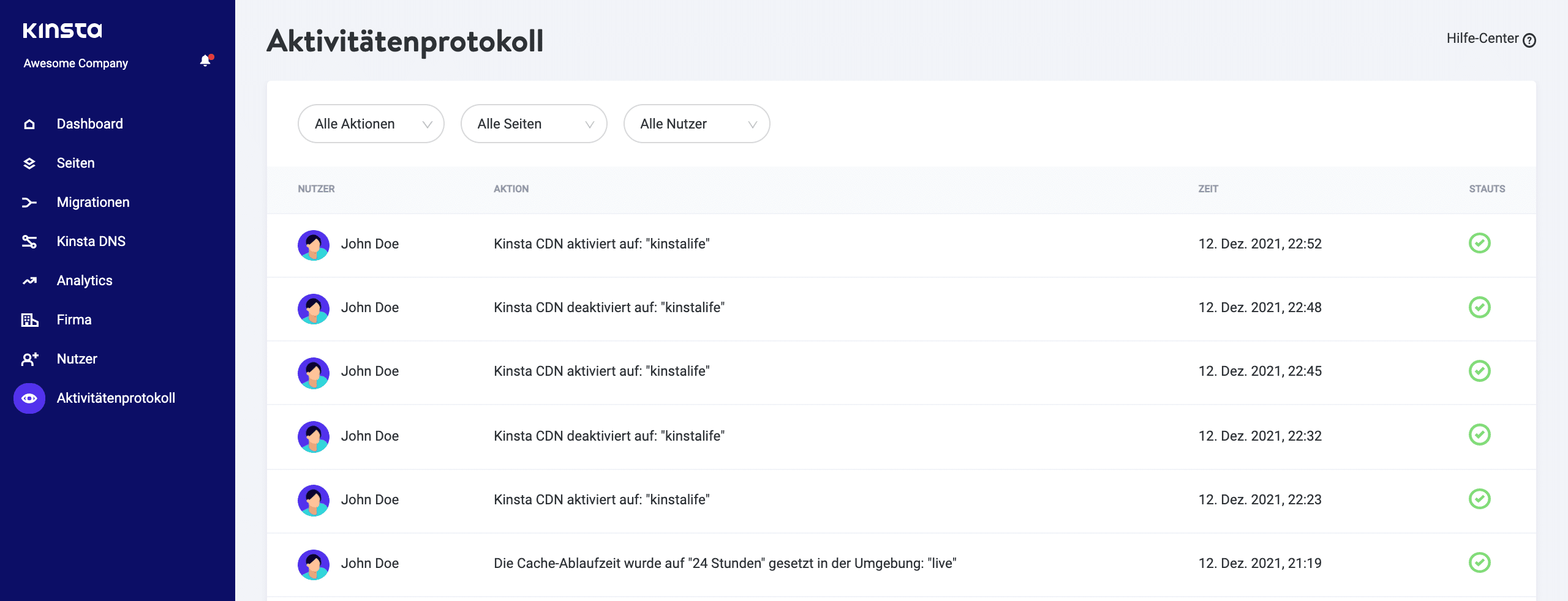 MyKinsta Aktivitätsprotokoll.