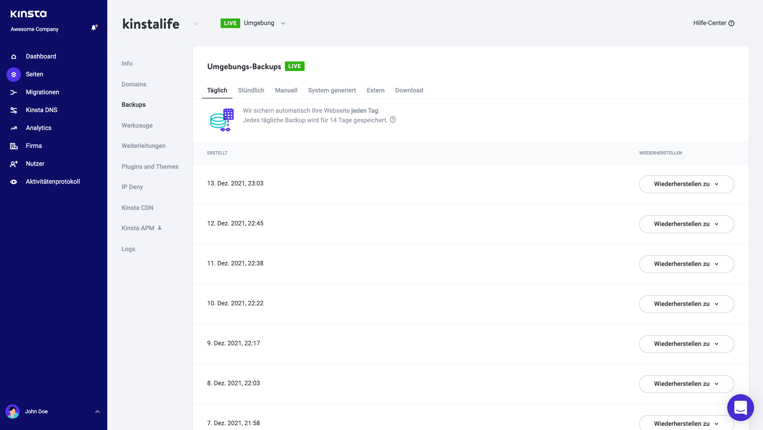 Backups in MyKinsta.