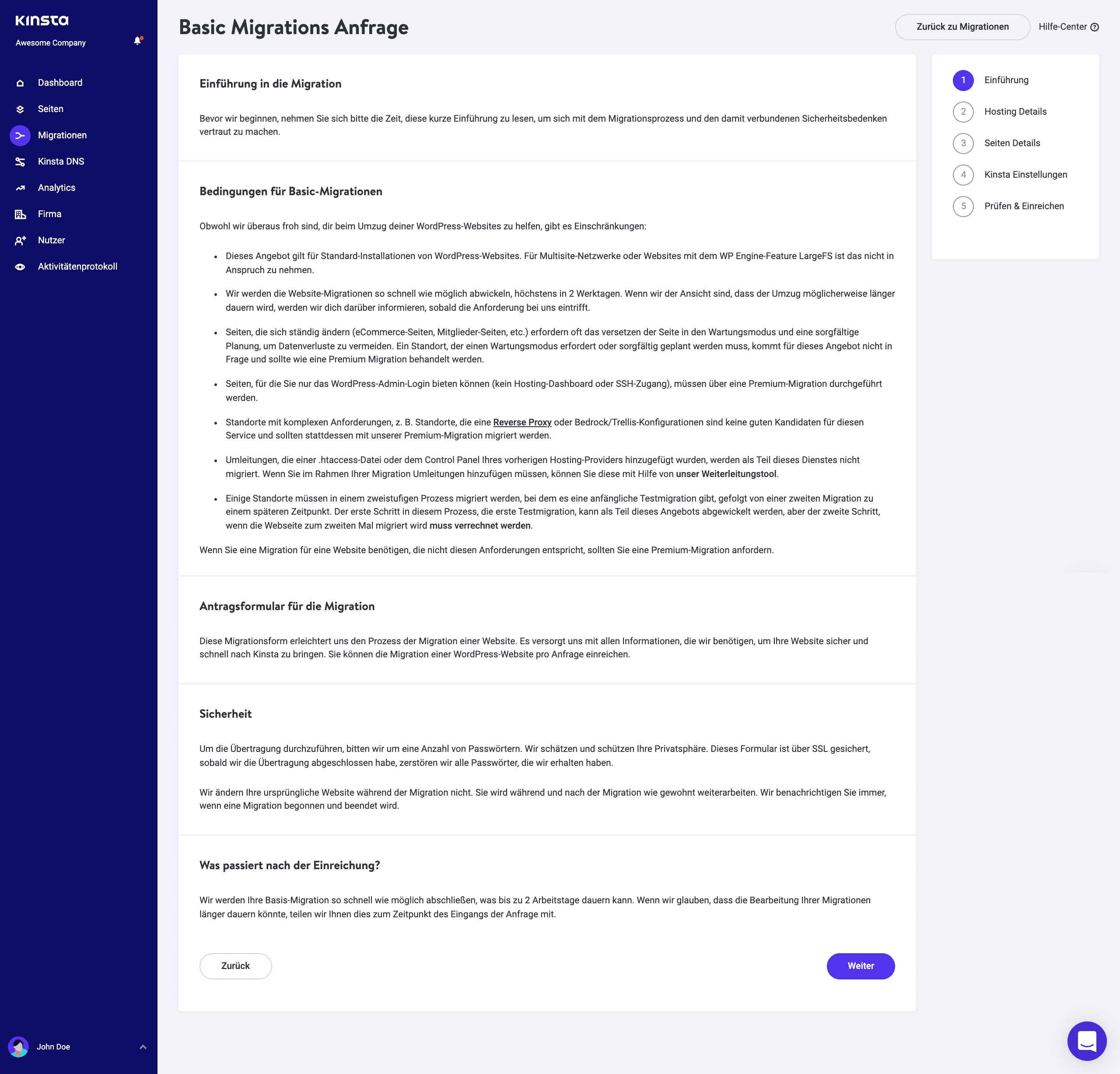 Basic migration introduction in MyKinsta.