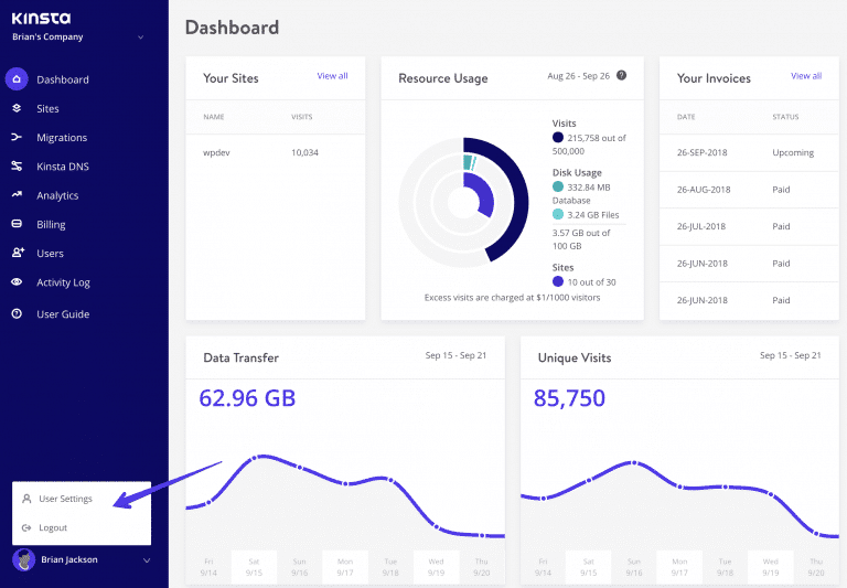 MyKinsta Benutzereinstellungen und Logout