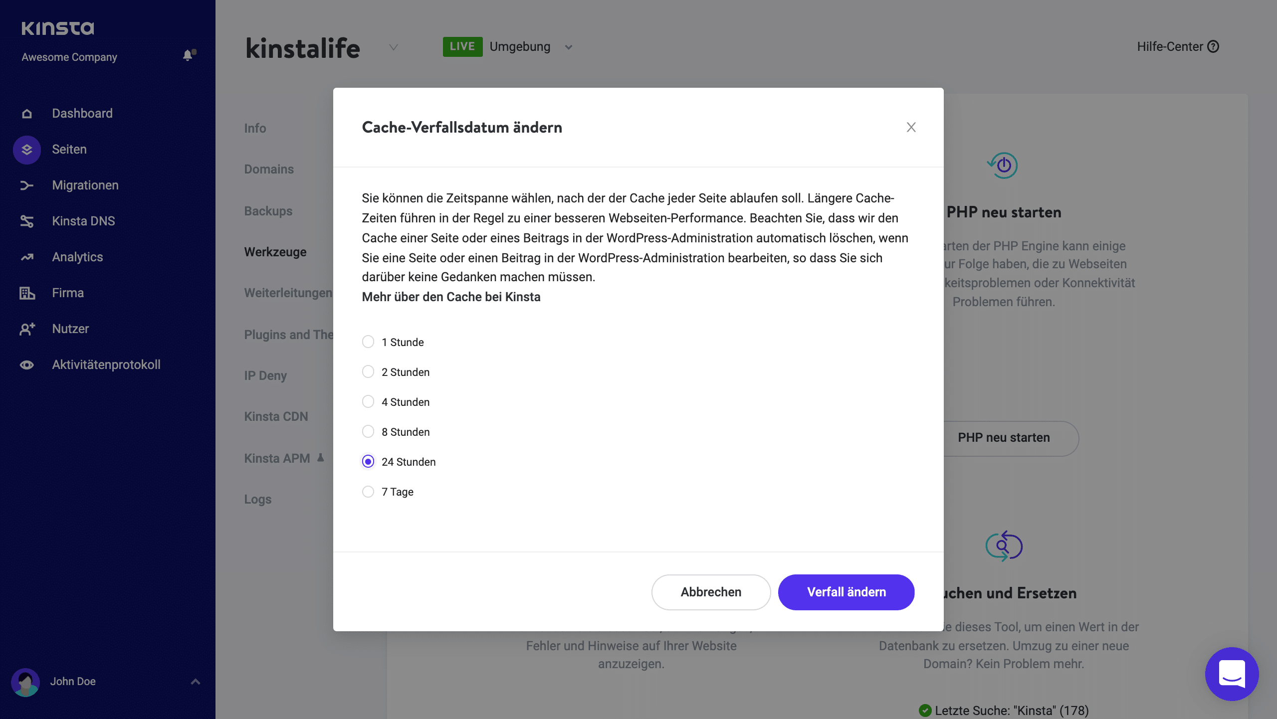 Seiten-Cache-Verfallsoptionen in MyKinsta.