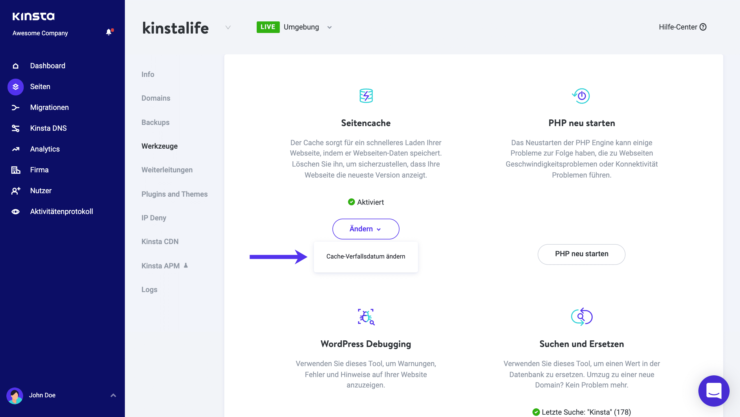 Ändere die Verfallszeit des Seiten-Caches in MyKinsta.