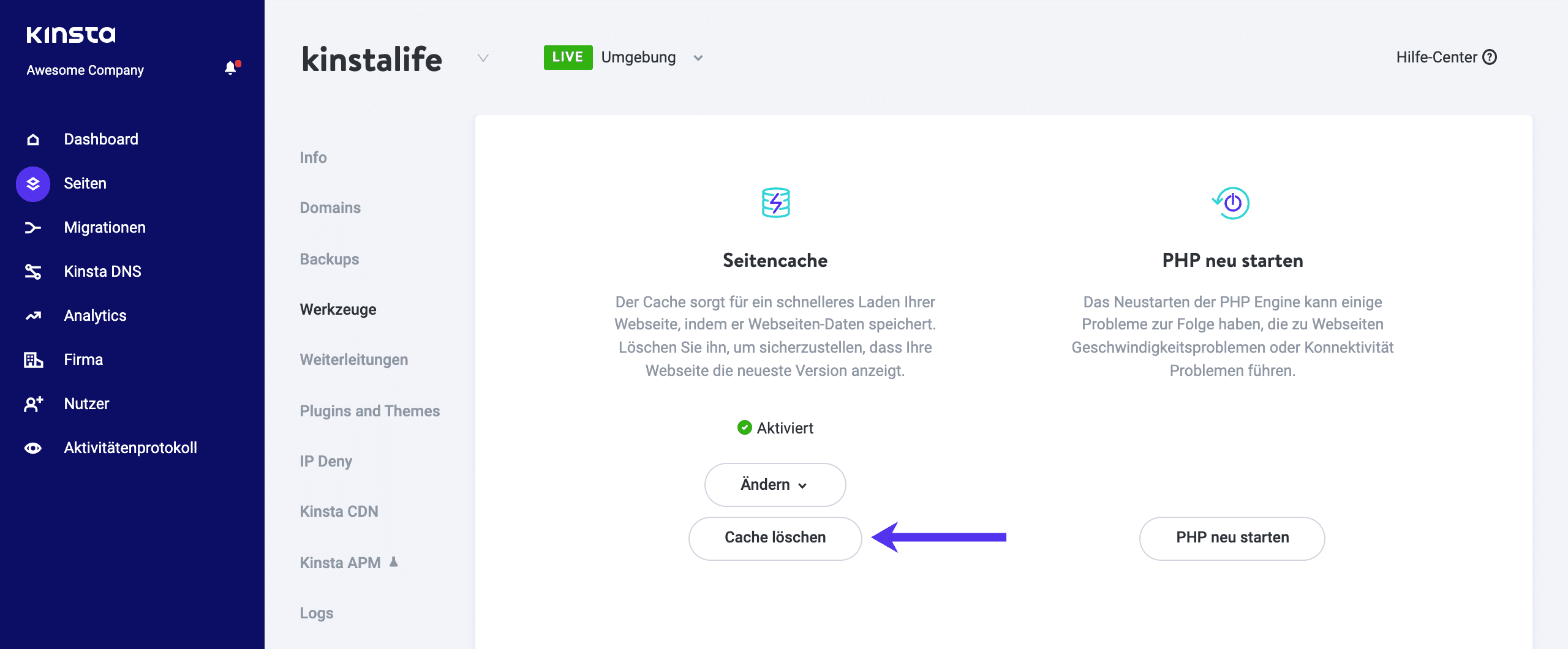 Löschen des WordPress-Cache in MyKinsta.