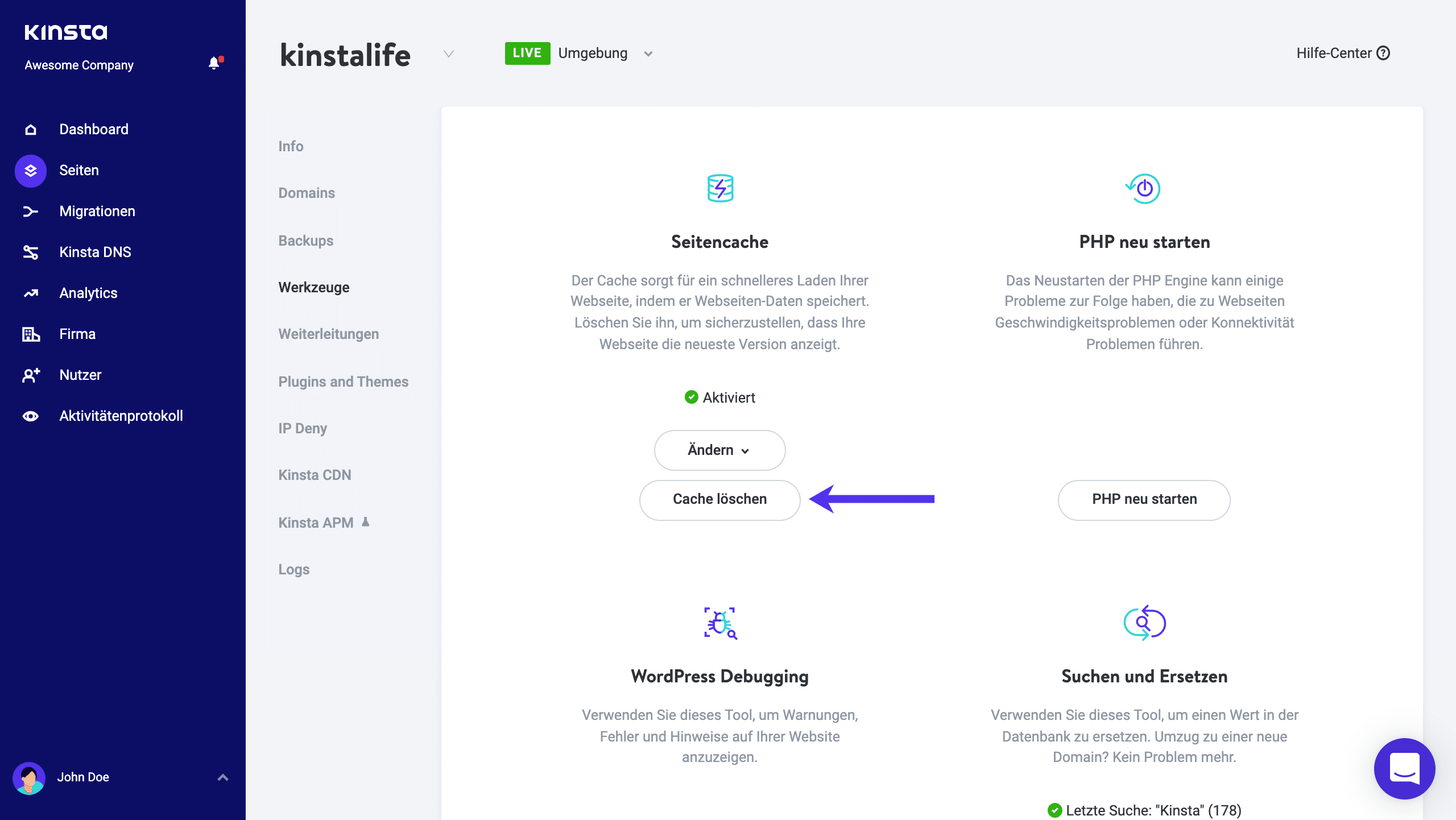 WordPress-Cache im MyKinsta Dashboard löschen