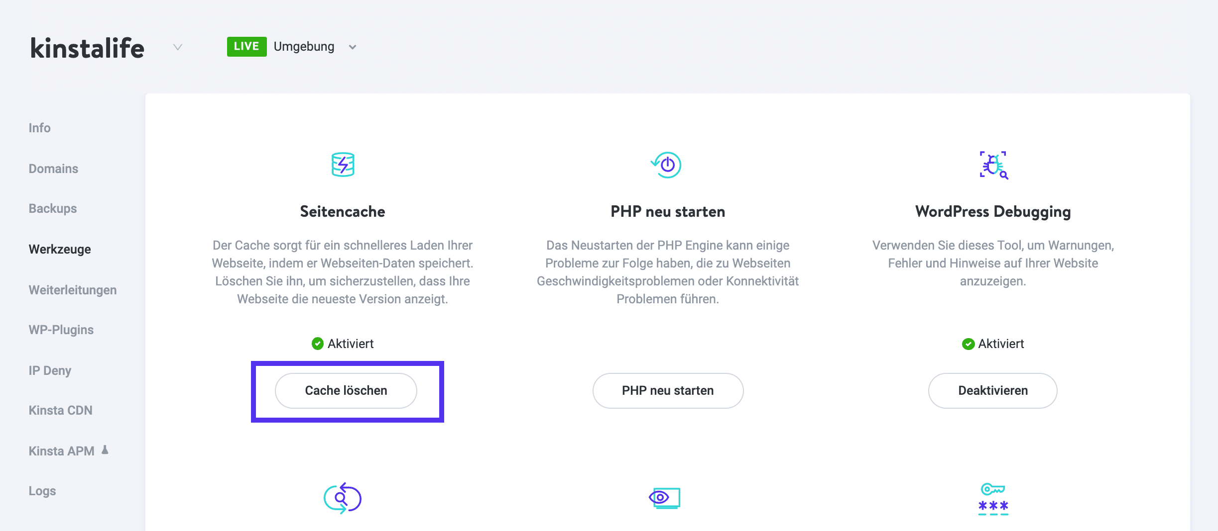 MyKinsta - Cache löschen