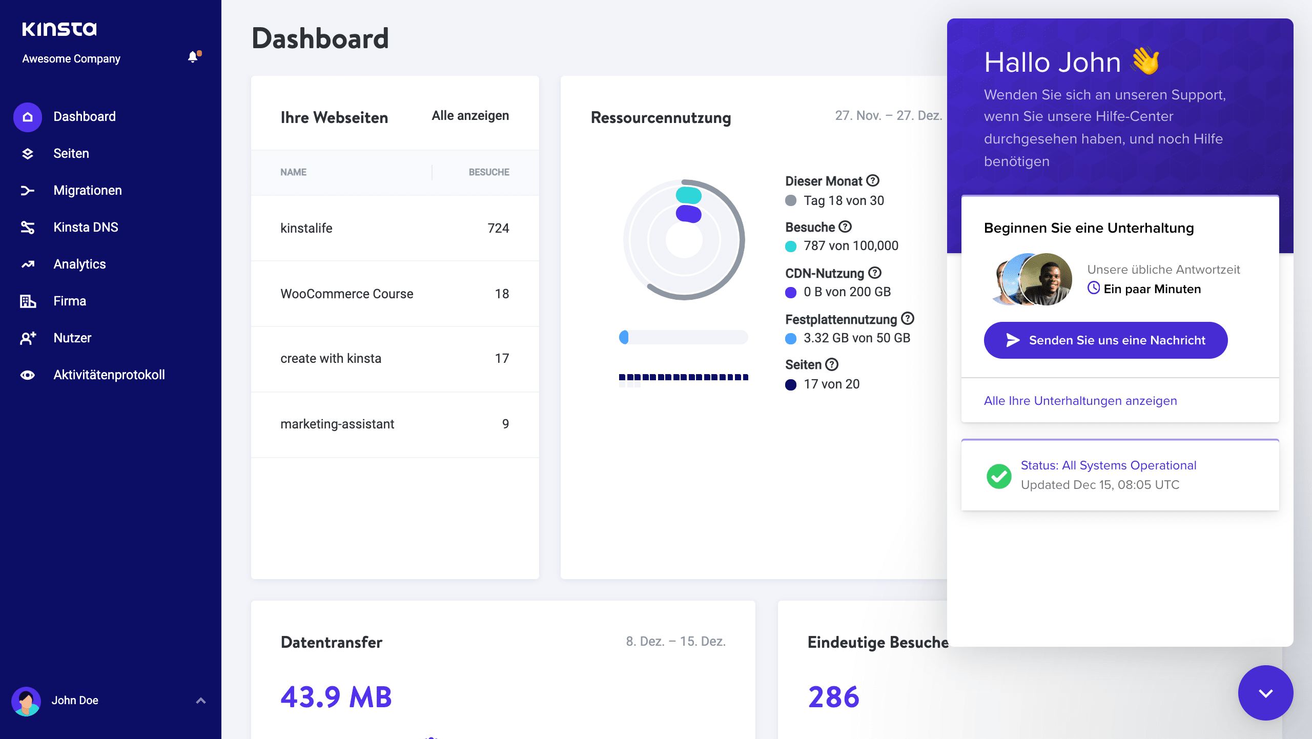 Kinsta's Support-Team ist 24/7 erreichbar.