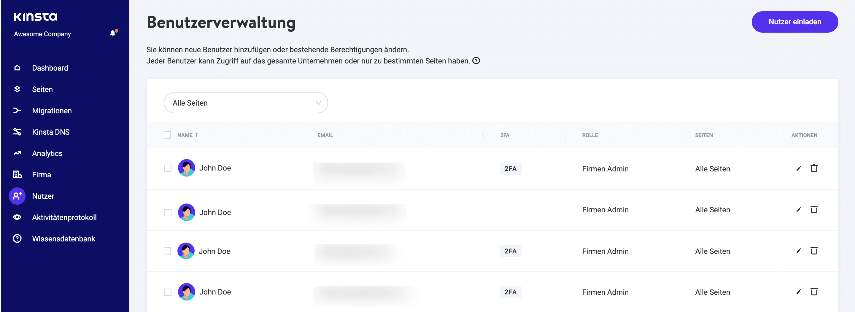 MyKinsta Benutzerverwaltung.