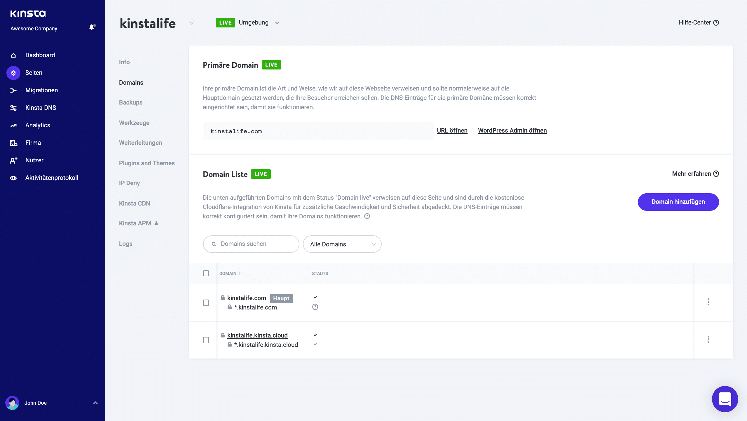 WordPress Domain-Liste in MyKinsta.