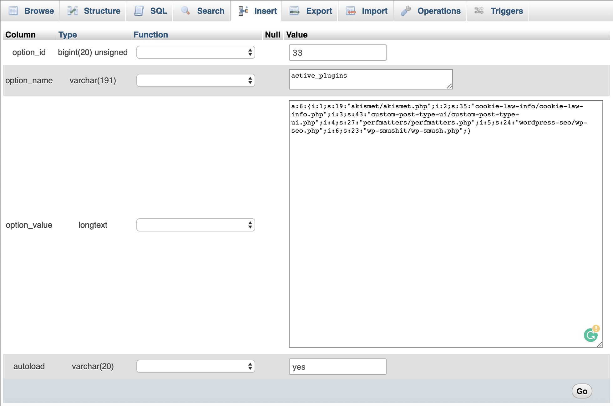 Aktive Plugins in der Tabelle wp_options