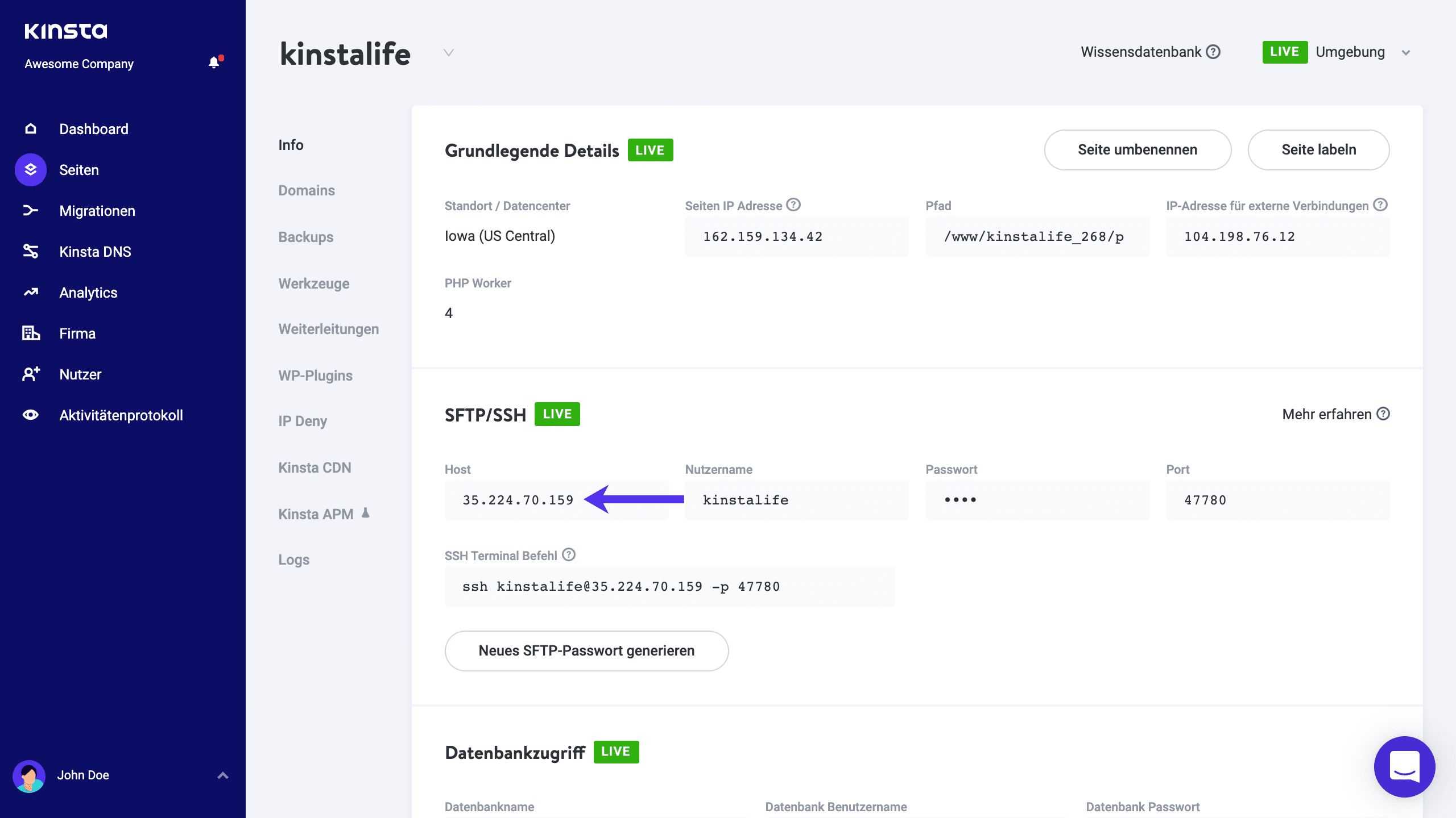 SFTP/SSH-Adresse in MyKinsta.