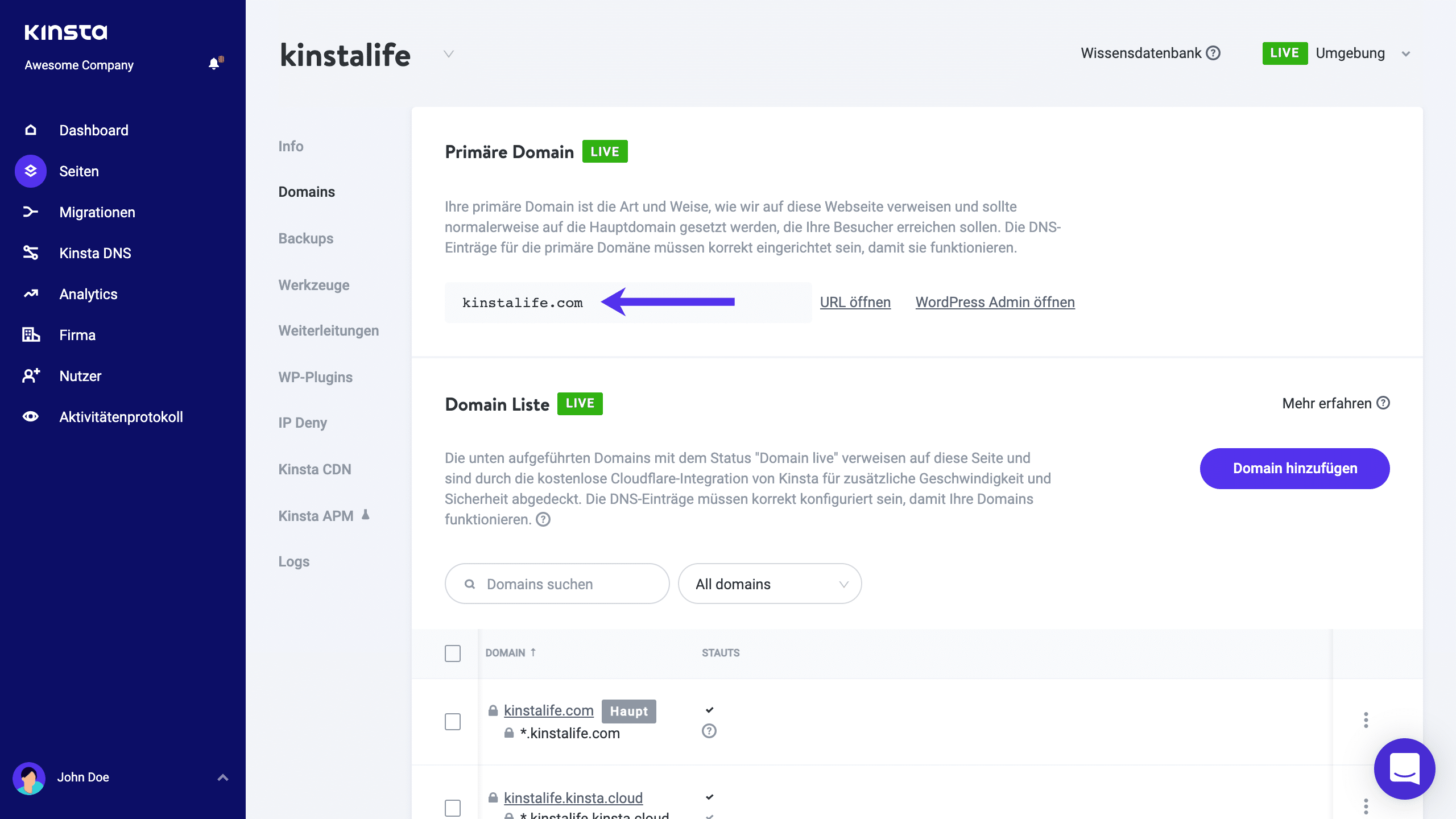 Primäre Domain in MyKinsta.